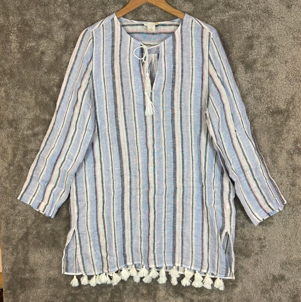 C&C Californi Blue Stripe Tunic Swim Cover Up Dress Tassel L Large 100% Linen